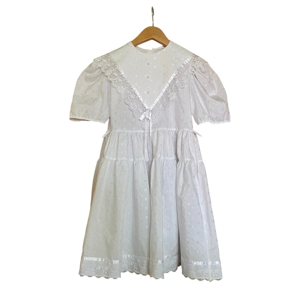 Vintage 1980s Lace‎ White Sailor Collar Pearl Button Dress 8 Communion Formal